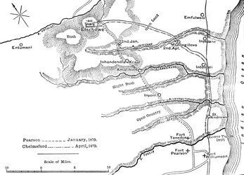 Plan marszów Pearson Jan 1879 i Chelmsford kwiecień 1879 do Etschowe 1880