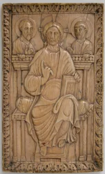 Tablica z Chrystusem intronizowanym z dwoma Apostołami, Karolingiem, 850-875.