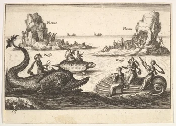 Tablica 15: Rzeki i boginie, z pływającymi wyspami kierowanymi przez tragarzy z tyczkami, postacie kobiece..., 1664.