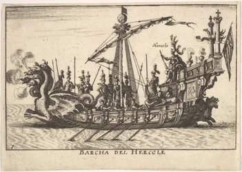 Tablica 1: Statek Herkulesa Barcha del Hercole, z dziobem w kształcie smoczej głowy i Herkulesem na pl..., 1664.