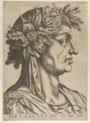 Tablica 7: Servius Galba z profilu po prawej, z „Dwunastu Cezarów”, 1610-40.