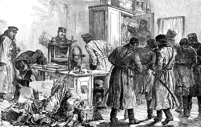 Policja odkrywa nihilistyczną prasę drukarską, Petersburg, Rosja, 1887 r.