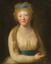 Portret kobiety w bladych ubraniach z niebieską wstążką we włosach
