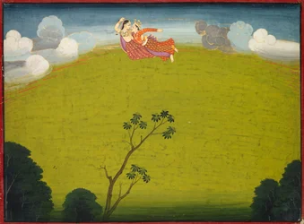 Pradyumna i Mayavati lecą do Dvaraki, z Wielkiej Basohli Bhagavata Purany, ok. 1930. 1760-1765.