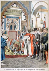 Prezydent Loubet zwiedzający meczet Sidi Bou Medine, Tlemcen, Algieria, 1903