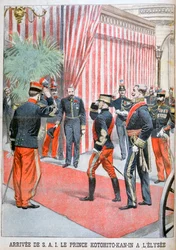 Książę Kotohito Kan w przybyciu do Pałacu Elizejskiego, Paryż, 1900