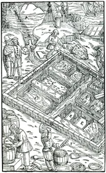 Produkcja soli przez odparowanie wody morskiej w panwiach solnych, 1556