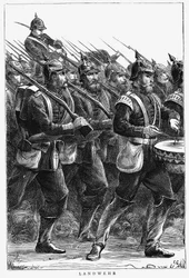 Żołnierze pruscy w marszu, wojna francusko-pruska, wrzesień 1870