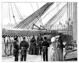 Królowa Wiktoria podczas inspekcji HMS Galatea, zatoka Osborne, ok. 1860 r.