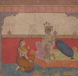 Radha rozmawia z Kryszną: Strona z bostońskiego brewiarza Rasikapriya Lovers, ca. 1610.