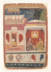 Radha i jej powiernicy siedzą w otwartym pokoju: Strona z rozproszonej Rasikapriyi, ca. 1680-90.