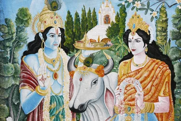 Rama, Sita i święta krowa. Rama jest 7. wcieleniem Wisznu. Paśupatinath, Katmandu, Nepal