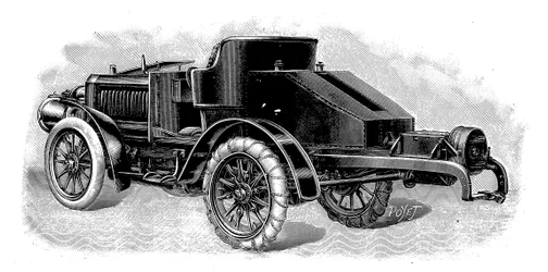Ciągnik siodłowy Renards, przedstawiający zaczep do holowania przyczep, francuski, 1904
