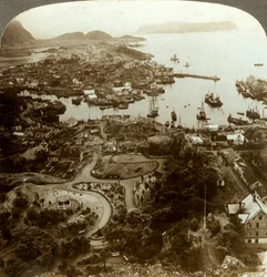 Odbudowa spalonego miasta - Aalesund, portu na wyspie i ważnego targu rybnego dorsza, Norwegia, ok. 1905 r.