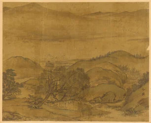 Krajobraz rzeczny: wierzba i inne drzewa, faliste wzgórza..., dynastia Yuan lub Ming, 1279-1644.