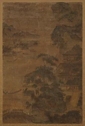 Krajobraz rzeczny: góry, sosny i budynki, dynastia Ming, 1368-1644.