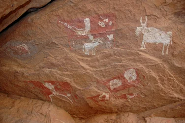 Sztuka naskalna, prehistoria: Malowidło naskalne przedstawiające grupę bydła i owiec w ozdobnym schronie w masywie Uweinat w Sudanie (Karkur-Talh lub Karkur Talh). Okres od 8000 do 3000 lat pne. Fotografia