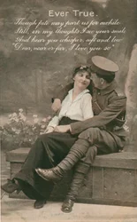 Romantyczna pocztówka przedstawiająca żołnierza i jego ukochaną, c1914-18