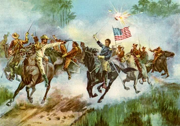 Rough Riders depczący hiszpańską placówkę, Kuba, wojna hiszpańsko-amerykańska, 1898