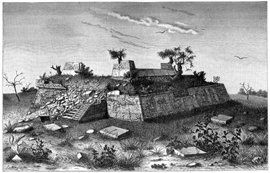 Ruiny schodów piramid w Xochicalco, Meksyk, 1901