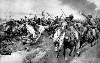 Kozacy rosyjscy atakujący armię niemiecką, Prusy Wschodnie, I wojna światowa, 1914