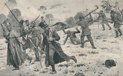 Rosyjscy chłopi atakują francuskich maruderów, 1812, 1896