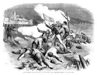 Rosyjscy żołnierze strzelający do angielskiej załogi łodzi pod ochroną flagi rozejmu, 1855