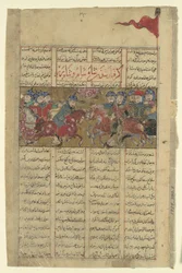Rustam chwyta szacha Szama i szacha Berberów, Folio z Szahnamy..., c1330-40.