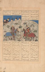 Rustam zabija Isfandiyara podwójną strzałą, folio z szahnamy, XV wiek.