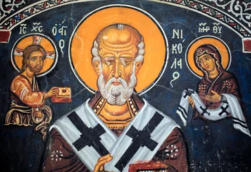 Święty Mikołaj otacza bizantyjski fresk Chrystusa i Marii z XIV wieku (1332) Nateks, południowa ściana Kościół Dziewicy Phorbiotissa, Asinou Unesco region Troodos, Cypr