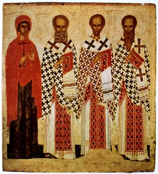 Święci Paraskewe, Grzegorz Teolog, Jan Chryzostom i Bazyli Wielki, początek XV w.