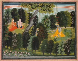 Sakhi przekonuje Radhę, by spotkała się z Kryszną, z Lambagraon Gita Govinda..., c. 1820-1825.