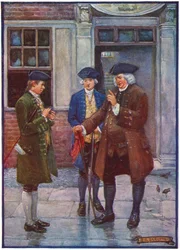 Samuel Johnson, angielski literat, rozmawia z Oliverem Goldsmithem, angielskim autorem, c1755-1774