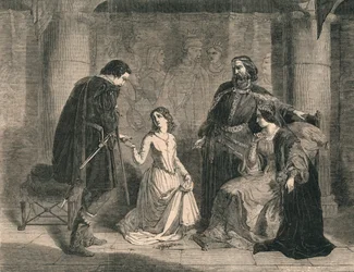Scena z Hamleta - Król, Ofelia i Laertes, 1852.