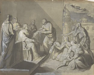 Scena z ofiarowaniem relikwii świętego prosto, Głowa kobiety verso, 1800-1900.