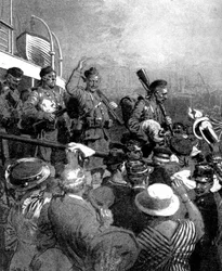 Szkoccy górale z brytyjskiego oddziału ekspedycyjnego w Boulogne we Francji, I wojna światowa, 1914 r