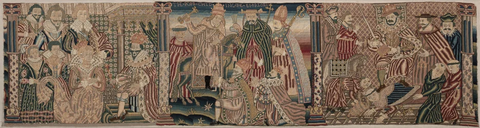 Sekcja fryzu haftowanego: Aswerus i Estera, Papież wyzywający cesarza, 1625-1649.