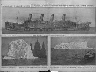 Schemat przekrojowy Titanica i gór lodowych, 20 kwietnia 1912.
