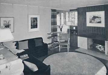 Sewall Smith. Salon we własnym domu architektów przy wodospadzie Niagara w stanie Nowy Jork, w kolorze turkusowym, koralowym