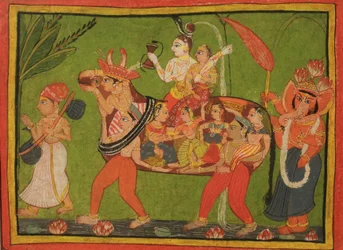 Shiva i Parvati na złożonej krowie złożonej z kobiet