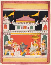 Shri Raga, z serii Ragamala, Trzech muzyków występuje przed szlachcicem, ok. 1930. 1650.
