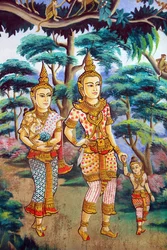 Siddhartha Gautama, jego żona Yashodhara i jego syn Rahula. Obraz przedstawiający historię życia Buddy Siakjamuniego. Wat Naxai. Wientian. Laos, 20151106, Wientian, Laos