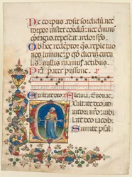 Pojedynczy listek wycięty z psałterza chórowego: Initial E[xultate Deo] z King David Playing, ok. 1408.