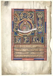 Pojedynczy arkusz wycięty z ewangeliarza z inicjałem L[iber generationis]: St. Matthew verso, c1190