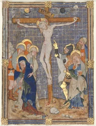 Pojedyncza miniatura wycięta z mszału: Ukrzyżowanie 1385-1390.