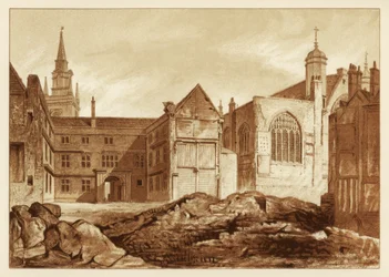 Widok południowo-wschodni Guildhall Chapel i Blackwell Hall, City of London, 1886