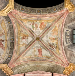 Południowy transept pierwsze wschodnie przęsło, Jakub wysyła syna Józefa na pastwisko, Spisek braci ptaszkowi Józefowi, Ruben sugeruje wrzucenie do studni, Józef sprzedany kupcom, Katedra Santa Maria Assunta, Duomo, Cremona, Lombardia, Włochy (zdjęcie )