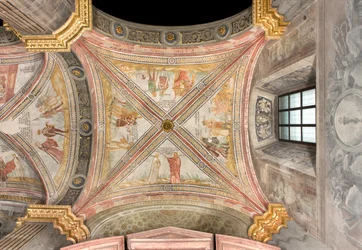 Południowy transept pierwsze wschodnie przęsło, Jakub wysyła syna Józefa na pastwisko, Spisek braci ptaszkowi Józefowi, Ruben sugeruje wrzucenie do studni, Józef sprzedany kupcom, Katedra Santa Maria Assunta, Duomo, Cremona, Lombardia, Włochy (zdjęcie )