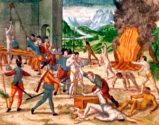 Hiszpańscy konkwistadorzy torturują Indian amerykańskich, 1539-1542