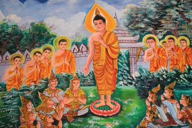 Rozpowszechnianie Dharmy. Życie Buddy. Grafika na suficie przedstawiająca życie Buddy. Wat Inpeng. Wientian. Laos, 20151029, Wientian, Laos